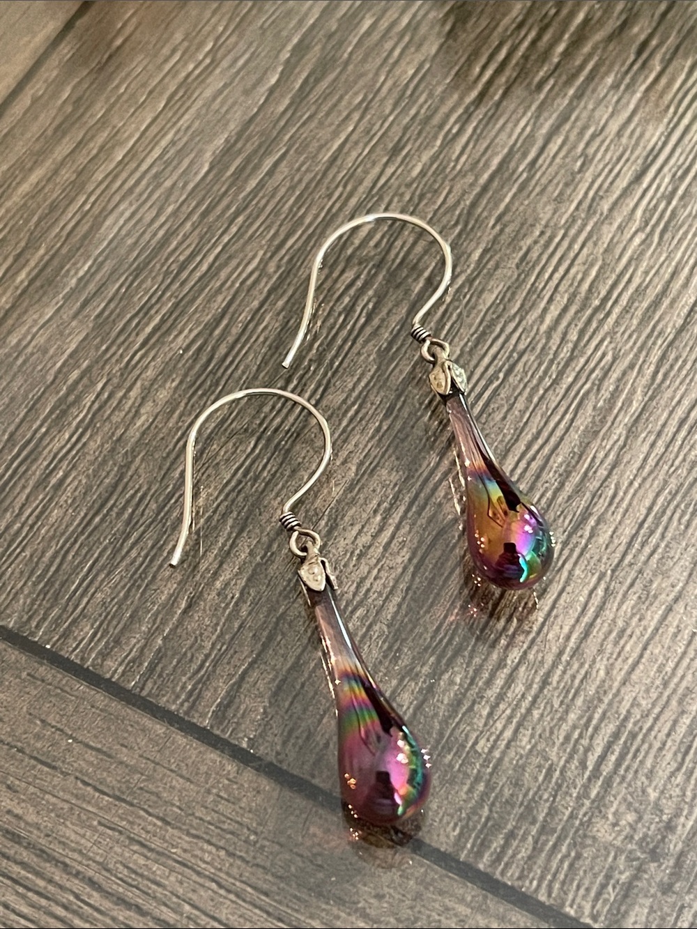 FENTON Carnival Art Glass Tear Drop Earrings Iridescent .925 Sterling Wire NWT - Picture 9 of 16